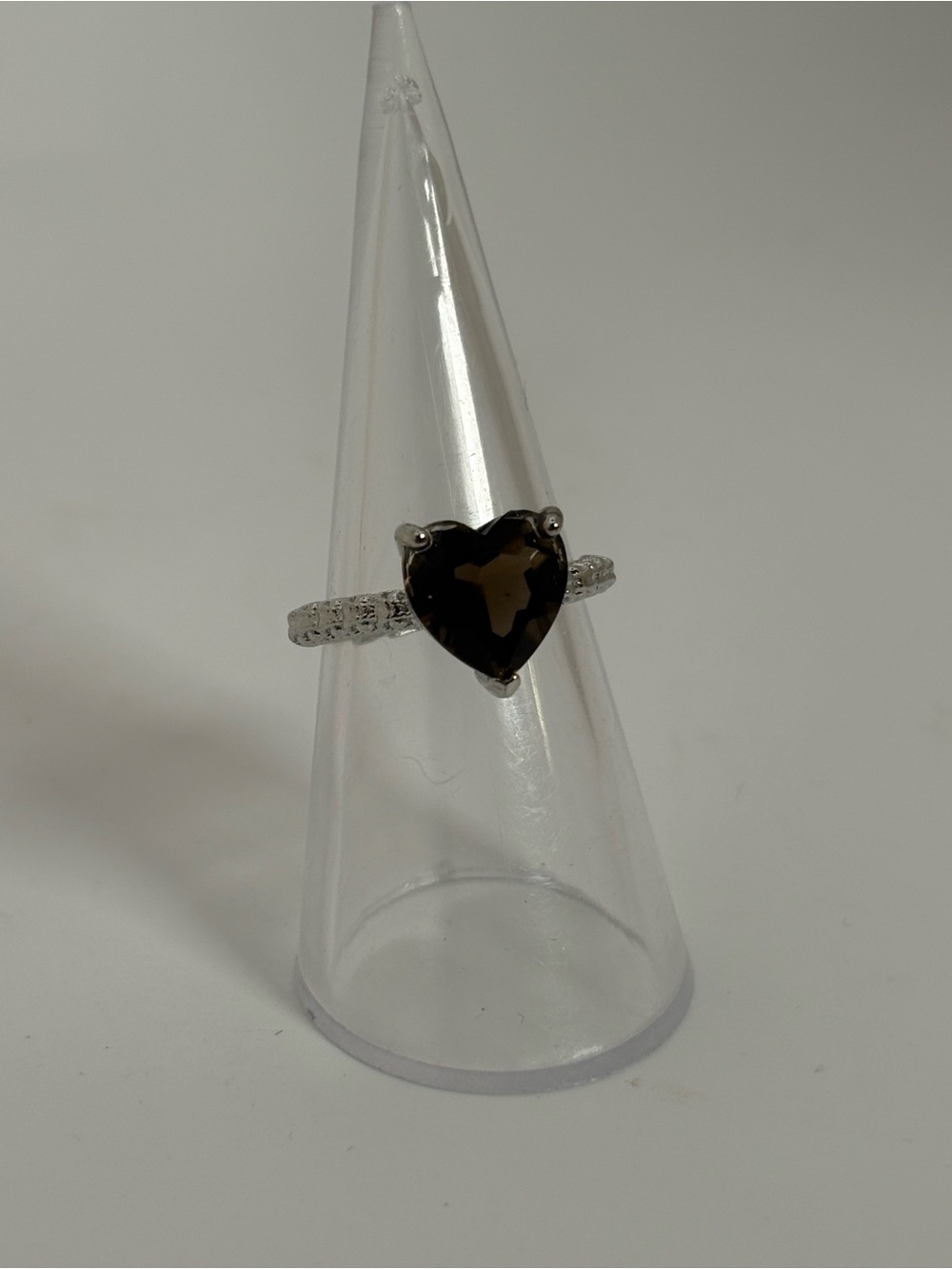 New Smoky Quartz Heart Ring Silver Tone Adjustable Band